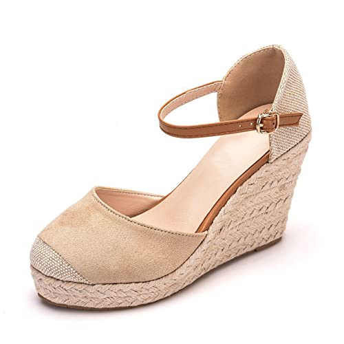 HIKKWXVN Damen-Espadrilles, geschlossener Zehenbereich, Knöchelriemen, Elegante Plateau-Keilsandalen, für Party, Abschlussball, Urlaub, Strand, Elegante Schuhe,Apricot Color,34 EU von HIKKWXVN