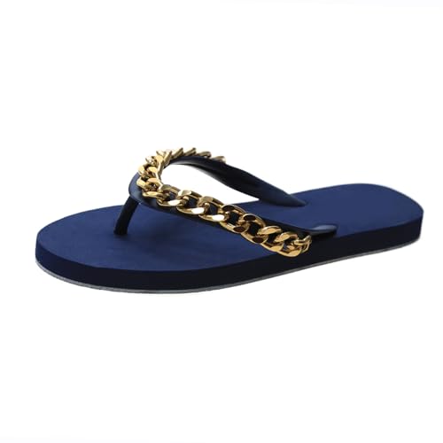 HIKKWXVN Damen-Flip-Flop – bequeme und stilvolle Sommersandale mit metallischer Verzierung, Sommersandalen mit rutschfester Sohle,Blau,35 EU von HIKKWXVN