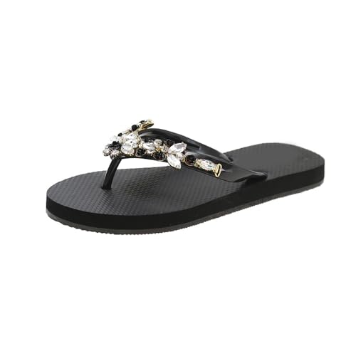 HIKKWXVN Damen-Flip-Flop mit Strasssteinen – Zehensandalen, bequeme Hausschuhe für den Strand, Sommersandalen mit rutschfester Sohle,Schwarz,35 EU von HIKKWXVN