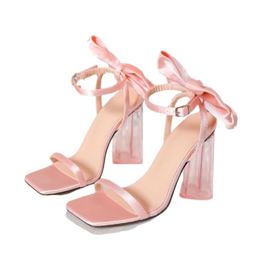 HIKKWXVN Damen High Heels Blockabsatz offene Zehensandalen, Riemchensandalen für Party, Abschlussball, Heimkehr, elegante Schuhe,Rosa,36 EU von HIKKWXVN