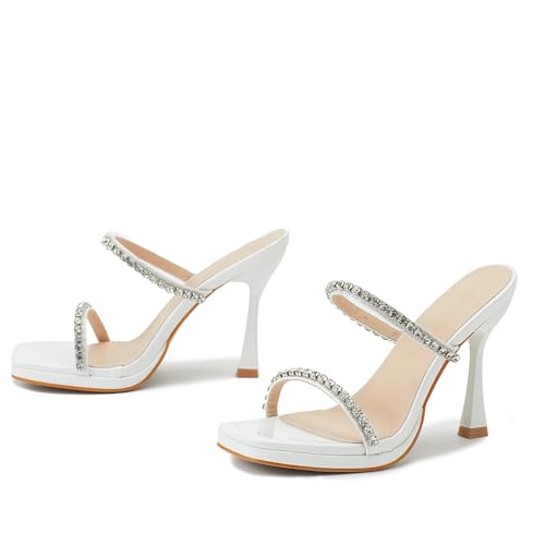 HIKKWXVN Damen-Mules-Sandalen mit Strasssteinen und Zwei Riemen und Absatz, Stiletto-High-Heels-Slides, modische, rückenfreie Pumps für Hochzeitskleider,Weiß,35 EU von HIKKWXVN