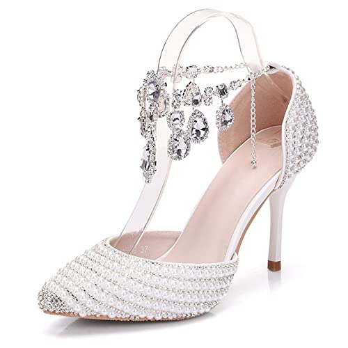 HIKKWXVN Damen-Pumps mit Diamant-Knöchelriemen, Stiletto-Sandale mit spitzem Zehenbereich, für Hochzeit, Braut, Abschlussball, Party, Kleid,Weiß,37 EU von HIKKWXVN