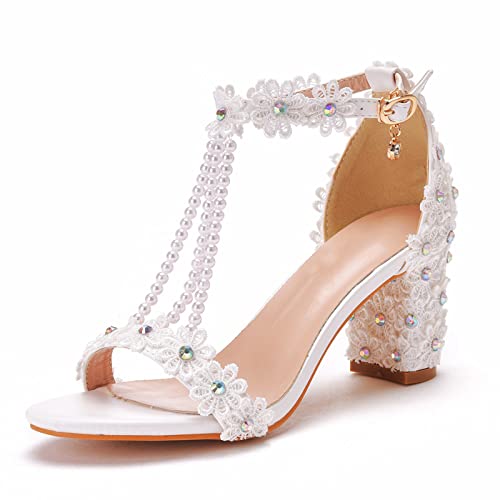 Damen-Sandalen mit Absatz, offener Zehenbereich, Knöchelriemen, klobige Absätze, Sandalen für Abschlussball, Party, Hochzeitskleid, Schuhe für Braut und Brautjungfer,Weiß,38 EU von HIKKWXVN