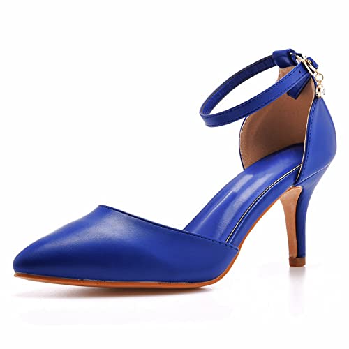 HIKKWXVN Damen-Sandalen mit Knöchelriemen und Absatz, 2,75 Zoll Kitten Heels, spitze Pumps mit geschlossener Zehenpartie, für Party, Hochzeit, bequeme Abendschuhe,Dark blue,40 EU von HIKKWXVN