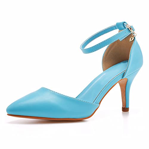 HIKKWXVN Damen-Sandalen mit Knöchelriemen und Absatz, 2,75 Zoll Kitten Heels, spitze Pumps mit geschlossener Zehenpartie, für Party, Hochzeit, bequeme Abendschuhe,Light blue,42 EU von HIKKWXVN