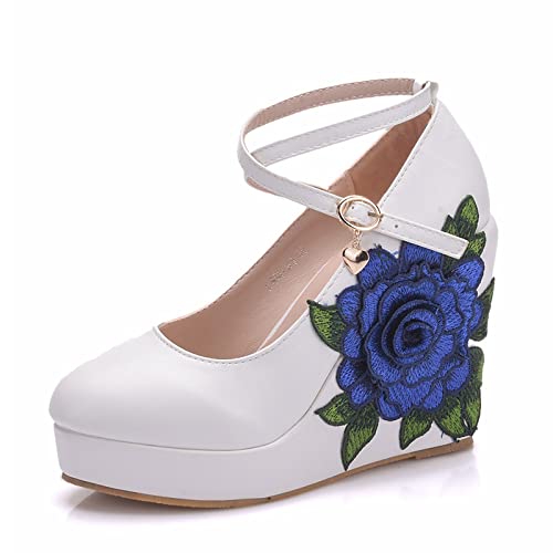 HIKKWXVN Damen-Sandalen mit geschlossenem Zehenbereich, Keilabsatz, Plateau-Absatz, für Hochzeit, Brautparty, Abschlussball, Heimkehr, elegante Schuhe,Weiß,34 EU von HIKKWXVN