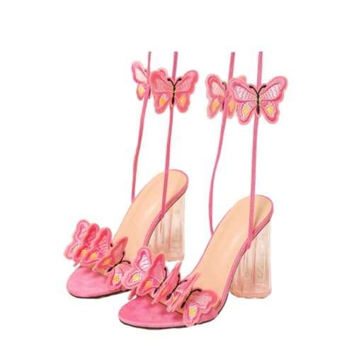 HIKKWXVN Damen-Schnürsandalen mit Blockabsatz und offenem Zehenbereich, Riemchensandalen, Heimkehr, Urlaub, Party, Hochzeitskleid,Rosa,36 EU von HIKKWXVN