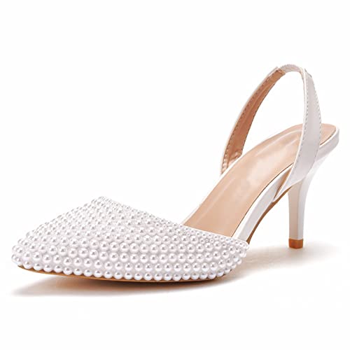 HIKKWXVN Damen Slingback-Pumps mit Kitten-Absatz, 2,75 Zoll niedrige Absätze, geschlossene spitze Zehenpartie, Hochzeitskleid, Büroarbeitsschuhe,Weiß,37 EU von HIKKWXVN