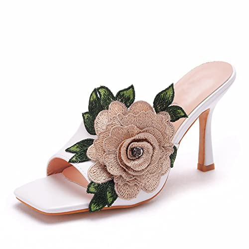 HIKKWXVN Damen Slingback-Pumps mit quadratischer Zehenpartie, Hausschuhe mit niedrigem Absatz, Kitten Heels, Slides, rückenfreie Sandalen, Party-Hochzeitsschuhe,Weiß,39 EU von HIKKWXVN