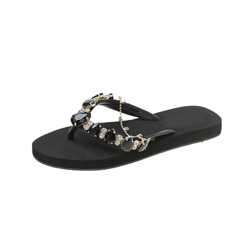 HIKKWXVN Leichte, bequeme Flip-Flop-Sandale für Damen, Sommerstrand, rutschfeste Sohle, schnell trocknende flache Tanga-Sandalen,Schwarz,35 EU von HIKKWXVN