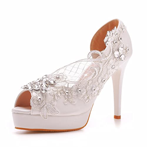 Peep-Toe-Pumps für Damen, Braut, Brautjungfer, Slip-on-High-Heels, 11 cm hohe Absätze für Hochzeit, Party, Abend, Heimkehr, Abschlussball,Weiß,36 EU von HIKKWXVN