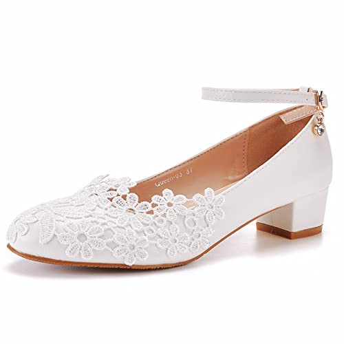 Pumps mit niedrigem Absatz für Damen, Bequeme Abendschuhe mit geschlossener Spitze und Blockabsatz, für Hochzeiten, Partys, Büroarbeiten, formelle Anlässe,Weiß,37 EU von HIKKWXVN