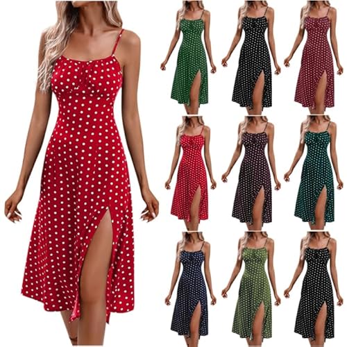 Blusenkleid Damen Sommer Spaghettiträger-Kleid Polka Dot Summer Dress Sexy Knielang Strandkleid Party Ballkleider Vintage Kleider Sommer Trägerkleid Tunika Kleid Ärmellos Splitz Freizeit Wickelkleid von HINTSAN