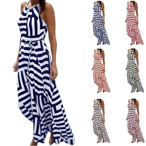 Gestreiftes Kleid Damen Sommer Outfits Neckholder Kleid Maxikleid Damen Ärmellos A-Linie Kleid Schwarz Dresses for Women Elegant Lange Strandkleid Sommerkleider Festliche Kleider Freizeitkleider von HINTSAN