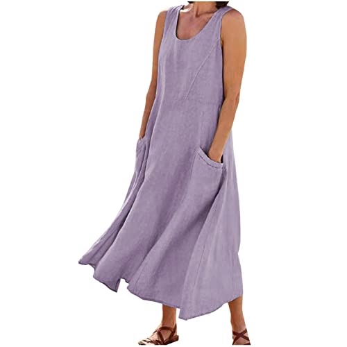 HINTSAN Leinenkleid Damen Sommer Lang Blusenkleid Summer Dress for Women Ärmellos Leinen Kleider Große Größen Hemdblusenkleid Festliche Kleid Tunikakleid Einfabig Lange Maxikleider Freizeitkleid von HINTSAN