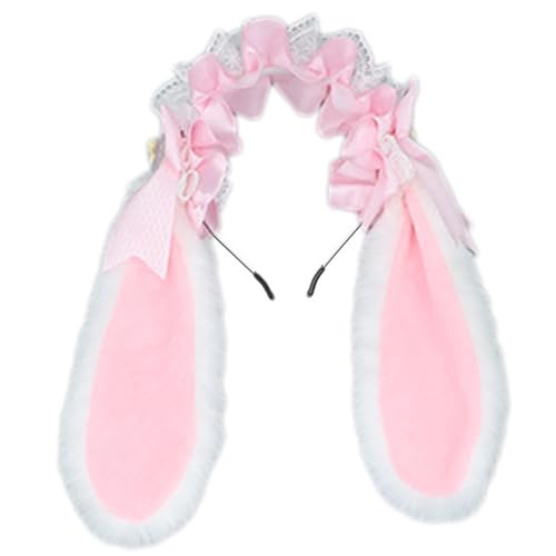 HIOPOIUYT LolitaStyle Spitzenhaarreif für Mädchen, Plüsch, Hasenohren, Cosplay, Kopfschmuck, ComicShow, Kopfbedeckung, Plüsch-Stirnband, Party-Stirnband von HIOPOIUYT