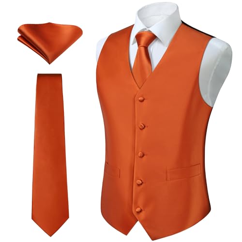 HISDERN Anzugweste für Herren Orange Hochzeit Weste und Krawatte und Einstecktuch Set Einfarbige Weste Herren Anzug mit Taschen Party 4XL HISDERN Anzugweste für Herren Orange Hochzeit Weste und Krawatte und Einstecktuch Set Einfarbige Weste Herren Anzug mit Taschen Party 4XL von HISDERN