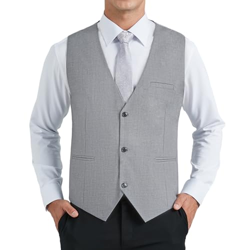 HISDERN Anzugwesten Herren Grau Formale Elegant Anzugweste Einfarbige Anzug Weste Baumwolle Hochzeit Westen für Männer mit Taschen M von HISDERN