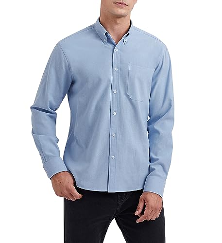 HISDERN Blau Hemd Herren Langarm Oxford Hemden Freizeithemd Baumwolle Bügelleichtes Businesshemd Anzug Hemd mit Tasche M von HISDERN