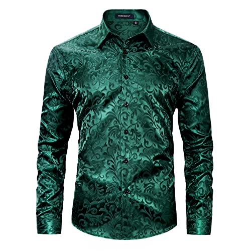 HISDERN Herren Seide Blumen Muster Hemd Langarm Paisley Satin Hemden Dunkelgrün Jacquard Button Down Freizeithemd Regular Fit XL von HISDERN