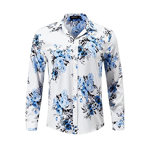 HISDERN Blumen Hemden Herren Langarm, Freizeithemden Button Down Funky Shirt Männer Bedrucken Blumig Casual Shirts Für Party Hochzeit,Weiß und Blau,L von HISDERN