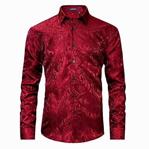 HISDERN Herren Seide Blumen Muster Hemd Langarm Weinrot Paisley Satin Hemden Jacquard Freizeithemd für Hochzeit Regular Fit M von HISDERN