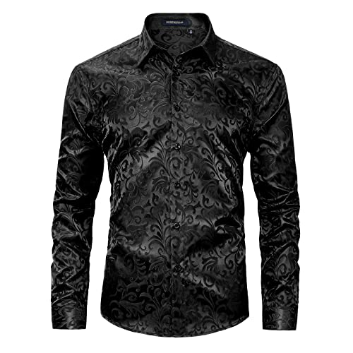 HISDERN Schwarz Herren Paisley Hemd Langarm Satin Blumen Muster Hemd für Männer Jacquard Stickerei Freizeithemd für Hochzeit Regular Fit XL von HISDERN