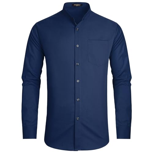 HISDERN Business Hemd Herren Einfarbig Blau Hemd Herren Formelle Businesshemden Ohne Kragen Herren Langarm Klassisch Regular Fit Hemden Arbeits 3XL von HISDERN