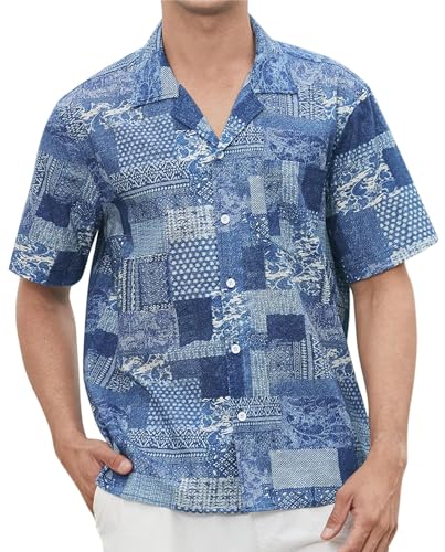 HISDERN Hawaiihemd Herren Kurzarm Blau Sommer Muster Funky Freizeithemden Knopfleiste für Urlaubs Strand 4XL von HISDERN