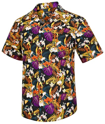 HISDERN Hawaiihemd Herren Kurzarm Funky Blumen Hemden Sommer Freizeithemden für Männer Urlaubs Strand Umlegekragen Hemd Schwarz & Gelb 4XL von HISDERN