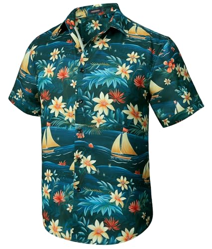 HISDERN Hawaiihemd Herren Kurzarm Hawaii Hemd Männer Funky Aloha Freizeithemd Casual Sommer-Hemd Shirt Blau/Schwarz L von HISDERN