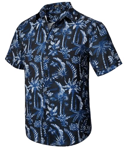 HISDERN Hawaiihemd Herren Kurzarm Hawaii Hemd Männer Funky Aloha Freizeithemd Casual Sommer-Hemd Shirt Schwarz/Marineblau XL von HISDERN