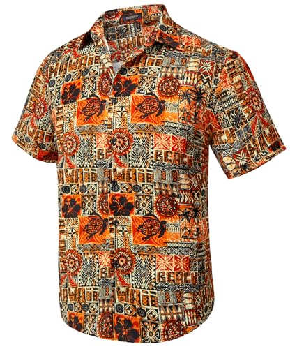 HISDERN Hawaiihemd Herren Kurzarm Hawaii Hemd Männer Funky Aloha Freizeithemd Casual Sommer-Hemd Shirt Schwarz/Orange L von HISDERN