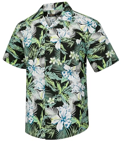 HISDERN Hawaiihemd Herren Kurzarm Hemd mit Muster Schwarz Baumwolle Sommer Freizeithemden Knopfleiste für Urlaubs Strand L von HISDERN