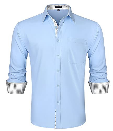 HISDERN Hellblau Hemd Herren Langarm Oberhemd Regular Fit Businesshemden Freizeithemd Hemden Formal Für Hochzeit Party,Hellblau,L von HISDERN