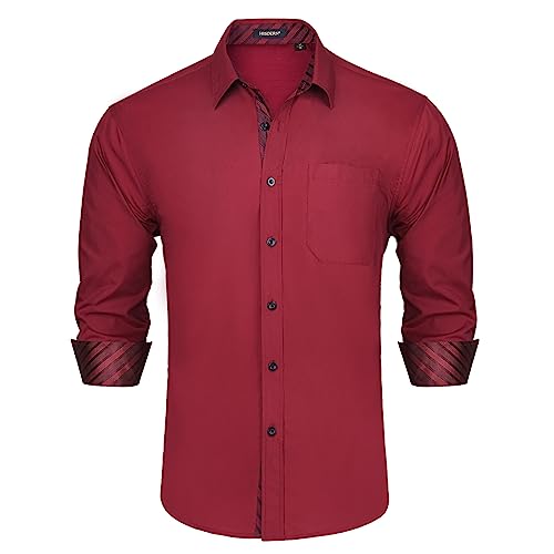 HISDERN Hemd Herren Burgundy Rot Freizeithemd Formelle Businesshemden Freizeithemden Langarm Hemd Klassisch Regular Fit Hemden XL von HISDERN