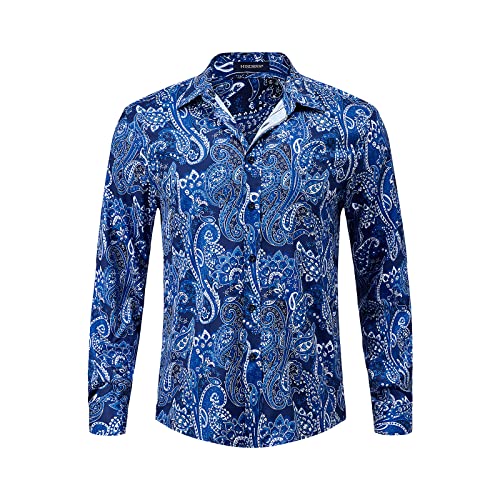 HISDERN Hemd Herren Langarm Muster, Hemden Paisley Freizeithemden Langarm Regular Fit Button Down Funky Shirt Für Party Festival Urlaub,Blau,XXL von HISDERN