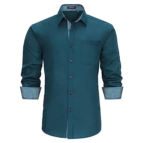 HISDERN Hemd Herren Teal Freizeithemd Formelle Businesshemden Freizeithemden Langarm Hemd Klassisch Regular Fit Hemden L von HISDERN