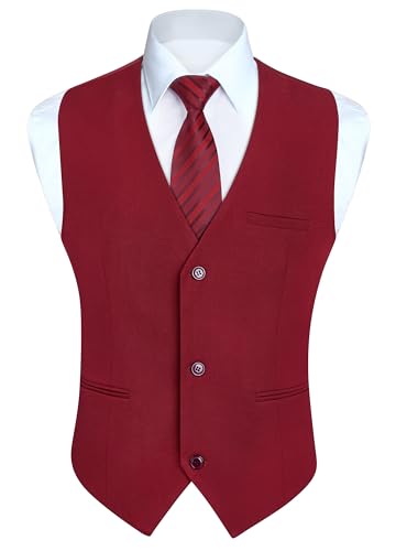 HISDERN Herren Anzugweste Burgund Formelle Hochzeit Anzug Westen Klassische Einfarbig Weste Elegant Smoking Anzugwesten für Männer mit Taschen XL von HISDERN