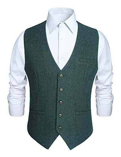 HISDERN Herren Anzugweste Wolle Herringbone Tweed Weste Formale Klassische Solide Herren Weste für Party Hochzeit Business Basic Weste Grun S von HISDERN