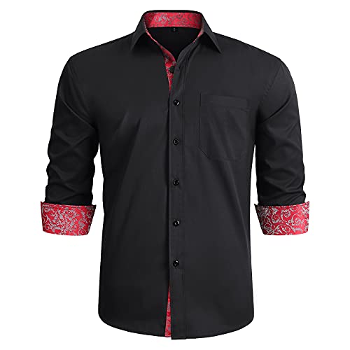 HISDERN Schwarz Rot Businesshemd für Herren Formal Classic Button Down Langarm Kragen Regular Fit Business Hochzeit Party Freizeithemden von HISDERN