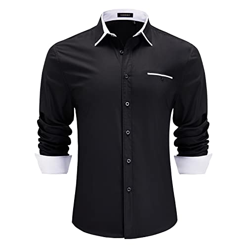 HISDERN Herren Businesshemd Freizeithemden Schwarz Hemd Klassisch Baumwolle Langarm Doppelkragen Hemden Für Männer Regular Fit S von HISDERN