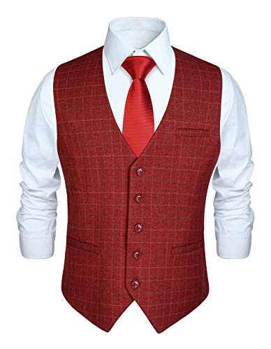 HISDERN Herren Rot formale Hochzeit Party Weste Baumwolle Plaid Check Burgund Kleid Anzug Weste von HISDERN