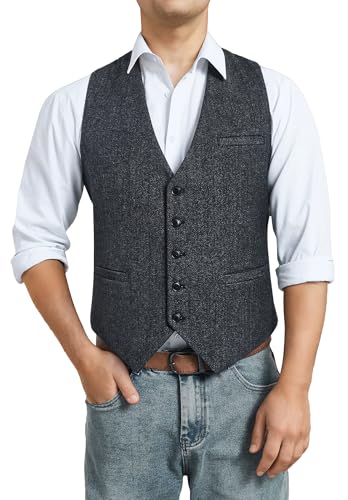 HISDERN Herren Formelle Business Weste Anzugweste Hochzeits Weste Wolle Herringbone Tweed Herren Party Westen Holzkohle M von HISDERN