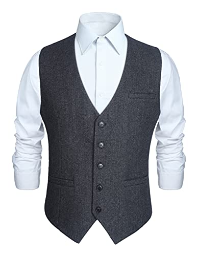 HISDERN Herren Formelle Business Weste Anzugweste Hochzeits Weste Wolle Herringbone Tweed Herren Party Westen Holzkohle XS von HISDERN