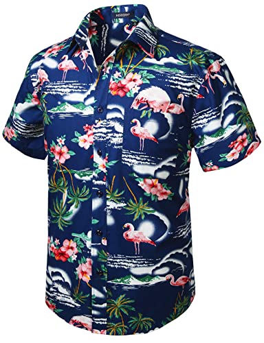 HISDERN Herren Funky Blau Hawaiihemd Freizeithemden Flamingo Unisex Kurzarm Vordertasche Urlaub Sommer Aloha Bedruckter Beach Strand Beilaufig Hawaii Hemd S-2XL von HISDERN