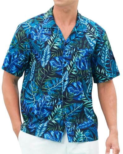 HISDERN Herren Hawaiihemd Kurzarm Baumwolle Beilaufig Hemd Funky Sommer Strand Freizeithemden Umlegekragen Palmen Schwarz & Grün S von HISDERN