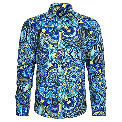 HISDERN Herren Hemd Blumen Langarm Ausgefallene Hemden Bunte Boho Freizeithemden für Herren Strand Urlaub Festival XL von HISDERN