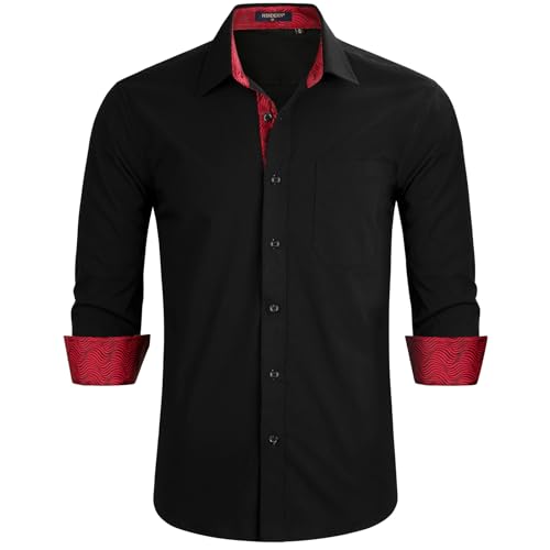 HISDERN Herren Hemd Freizeithemd Langarmhemd Formelle Businesshemden Langarm Freizeithemden Regular Fit Hemden Shirt Schwarz L von HISDERN