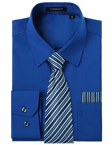 HISDERN Herren Hemd Königsblau Langarm Einfarbige Hemden mit Krawatte und Taschentuch Formelle Businesshemd Hochzeit Freizeithemd mit Tasche Regular Fit L von HISDERN